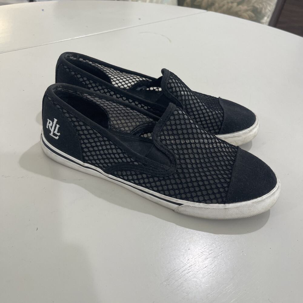 Lauren Ralph Lauren Janis Women Sz 7 Slip on Sneakers Black Mesh Preppy Sailing